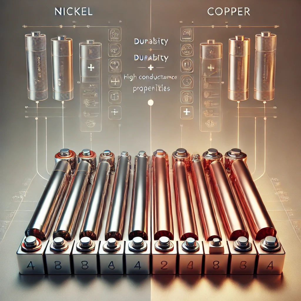 An educational and visually engaging image comparing nickel and copper strips for battery connections.