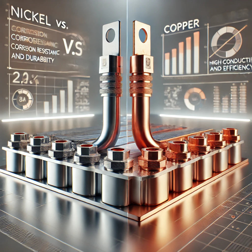 An informative and visually engaging image titled 'Nickel vs. Copper for EV Battery Tabs_ A Comprehensive Analysis.' The scene features a split compos
