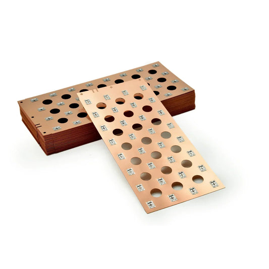 Precision-machined copper busbars with thermal relief holes and wide cross-section, designed to maximize ampacity and minimize thermal buildup in high-power systems.