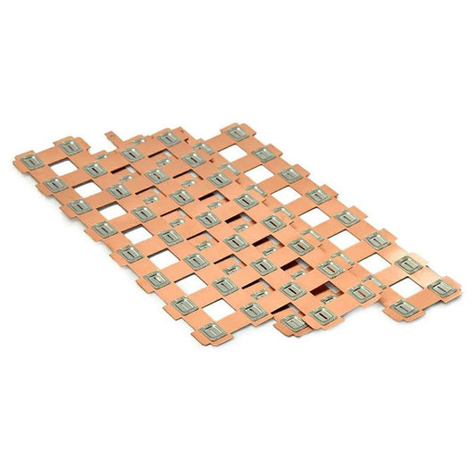 Close-up of a tinned copper busbar sheet used for EV battery packs — featuring corrosion-resistant tin coating and precision stamping by Wellgo Battery to ensure efficient current distribution and enhanced safety.