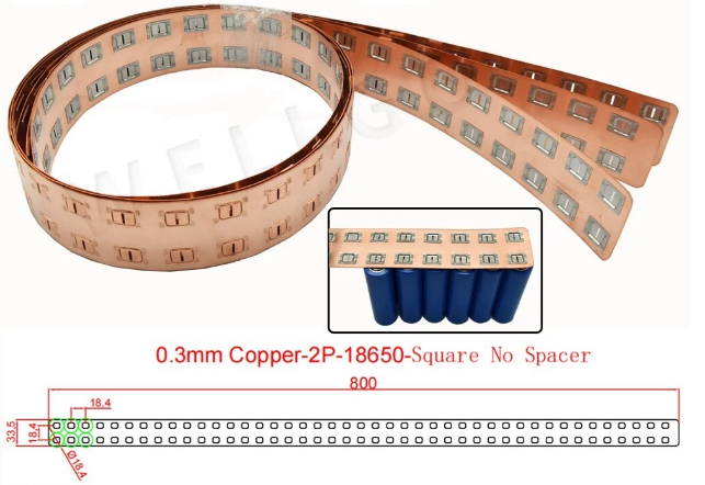Barra colectora de cobre y níquel 18650 1P-8P para conexiones de baterías de iones de litio Longitud de la tira 800 mm