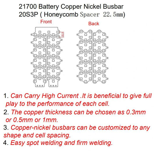 21700 Customized Copper Nickel Busbar 20S3P for Lithium-Ion Battery Connections in Electric Bike - Honeycomb Cell Spacer Center Distance 22.5mm