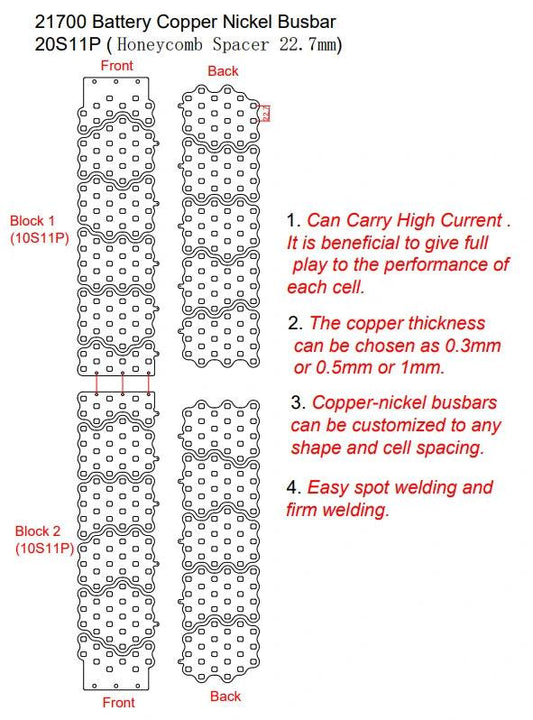 21700 Customized Copper Nickel Busbar 20S11P for Lithium-Ion Battery Connections in Electric Bicycle Cell Spacer Center Distance 22.7mm